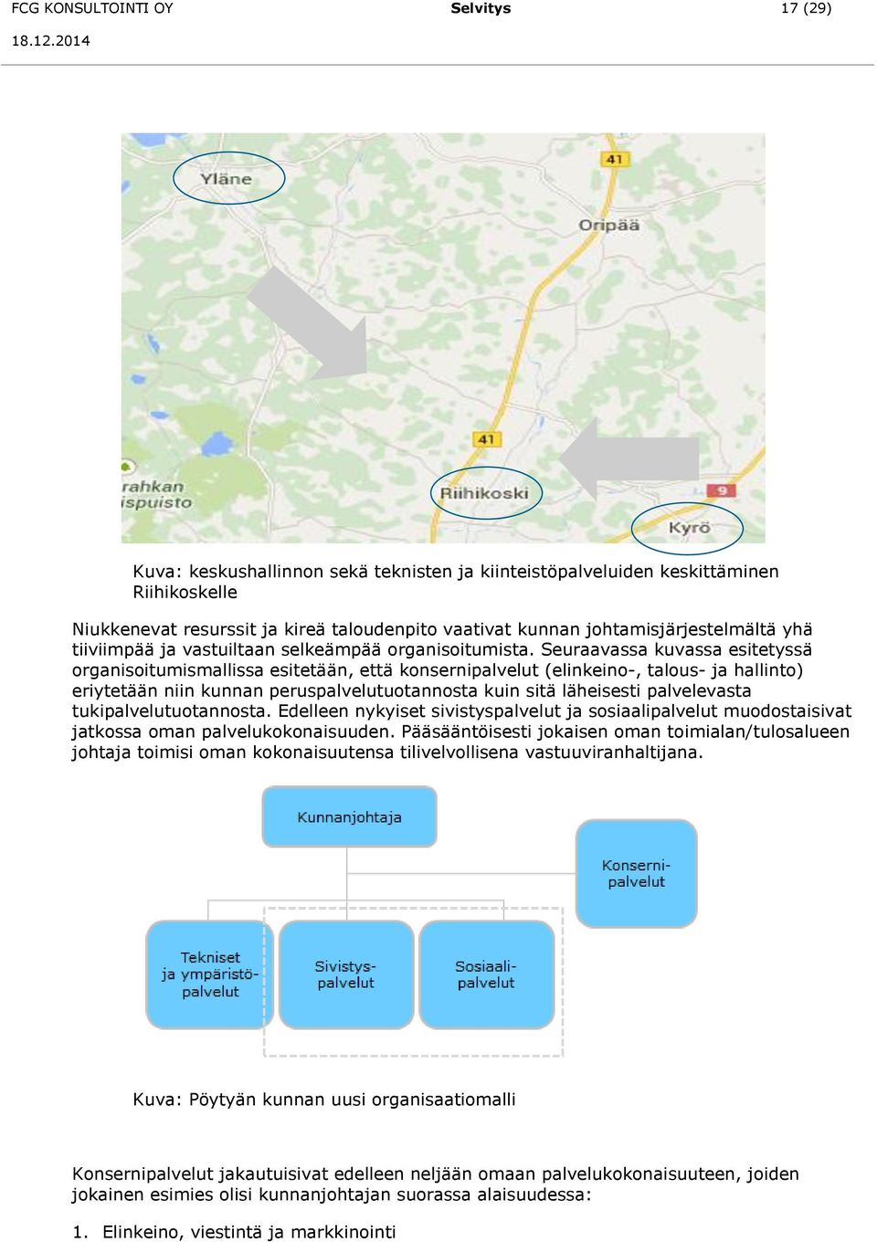 Seuraavassa kuvassa esitetyssä organisoitumismallissa esitetään, että konsernipalvelut (elinkeino-, talous- ja hallinto) eriytetään niin kunnan peruspalvelutuotannosta kuin sitä läheisesti