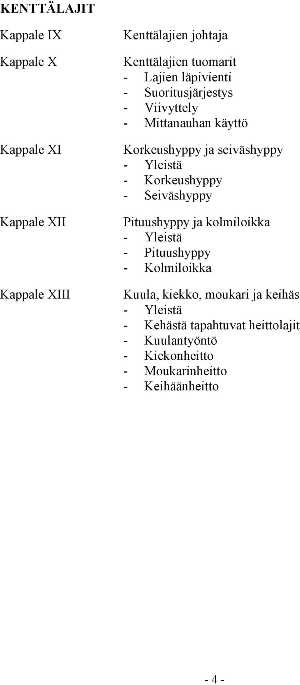 Korkeushyppy - Seiväshyppy Pituushyppy ja kolmiloikka - Yleistä - Pituushyppy - Kolmiloikka Kuula, kiekko, moukari