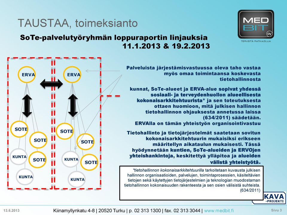 2013 ERVA SOTE SOTE KUNTA KUNTA SOTE ERVA SOTE SOTE KUNTA KUNTA SOTE Palveluista järjestämisvastuussa oleva taho vastaa myös omaa toimintaansa koskevasta tietohallinnosta kunnat, SoTe-alueet ja