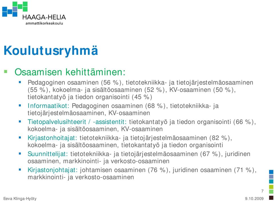 organisointi (66 %), kokoelma- ja sisältöosaaminen, KV-osaaminen Kirjastonhoitajat: tietotekniikka- ja tietojärjestelmäosaaminen (82 %), kokoelma- ja sisältöosaaminen, tietokantatyö ja tiedon