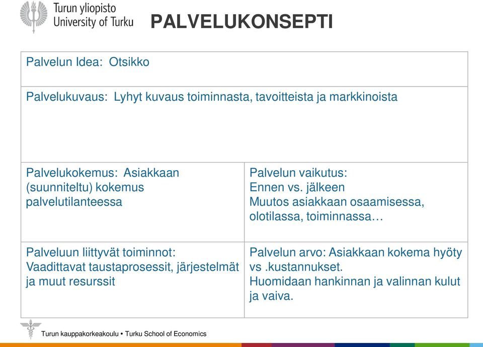 jälkeen Muutos asiakkaan osaamisessa, olotilassa, toiminnassa Palveluun liittyvät toiminnot: Vaadittavat