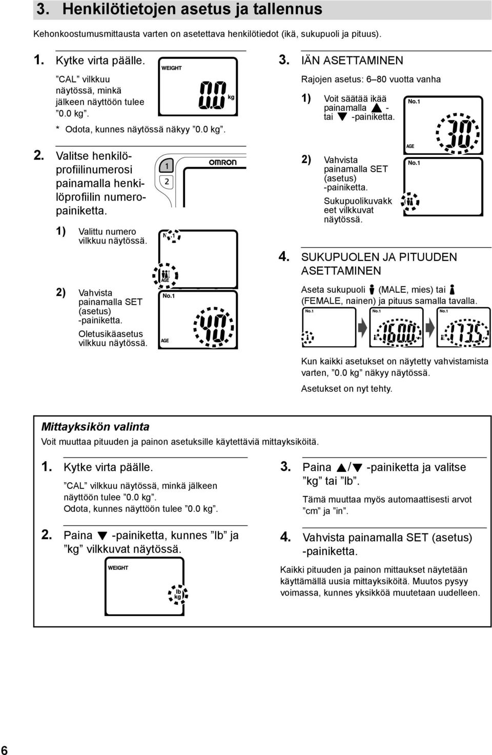 1) Valittu numero vilkkuu näytössä. 2) Vahvista painamalla SET (asetus) -painiketta. Oletusikäasetus vilkkuu näytössä. 3.