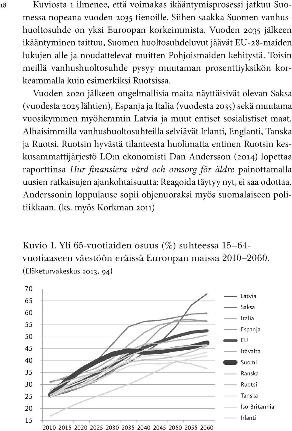 Toisin meillä vanhushuoltosuhde pysyy muutaman prosenttiyksikön korkeammalla kuin esimerkiksi Ruotsissa.