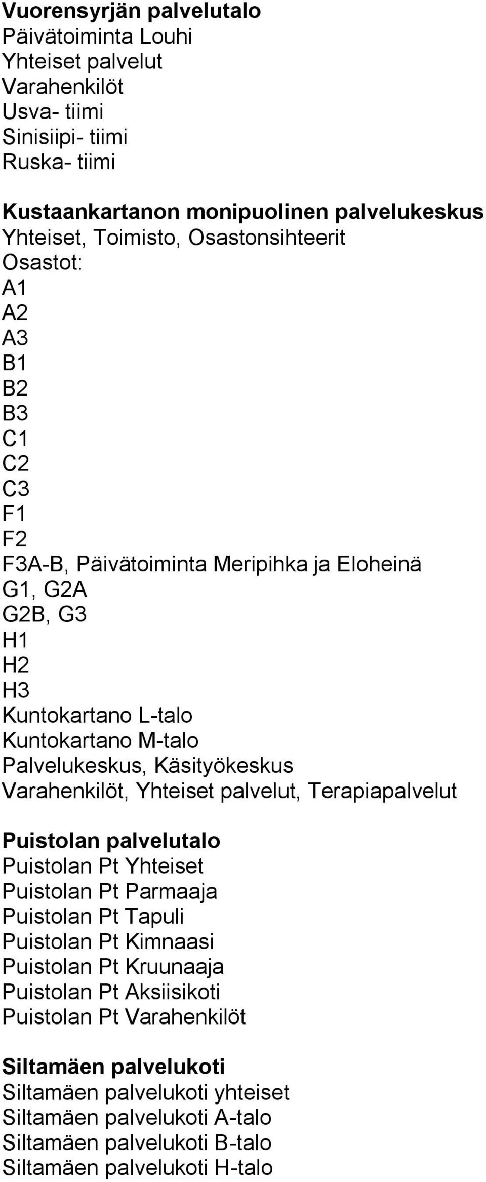 Käsityökeskus Varahenkilöt, Yhteiset palvelut, Terapiapalvelut Puistolan palvelutalo Puistolan Pt Yhteiset Puistolan Pt Parmaaja Puistolan Pt Tapuli Puistolan Pt Kimnaasi Puistolan Pt