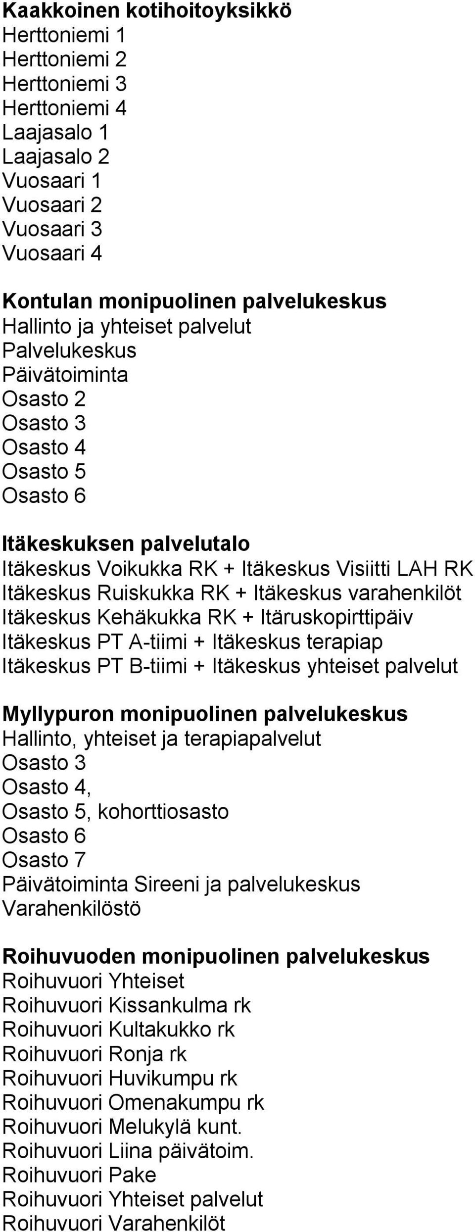 Itäkeskus varahenkilöt Itäkeskus Kehäkukka RK + Itäruskopirttipäiv Itäkeskus PT A-tiimi + Itäkeskus terapiap Itäkeskus PT B-tiimi + Itäkeskus yhteiset palvelut Myllypuron monipuolinen palvelukeskus