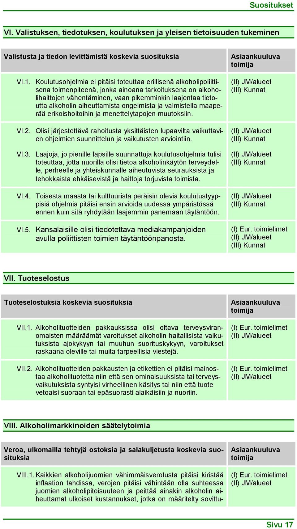 aiheuttamista ongelmista ja valmistella maaperää erikoishoitoihin ja menettelytapojen muutoksiin. VI.2.