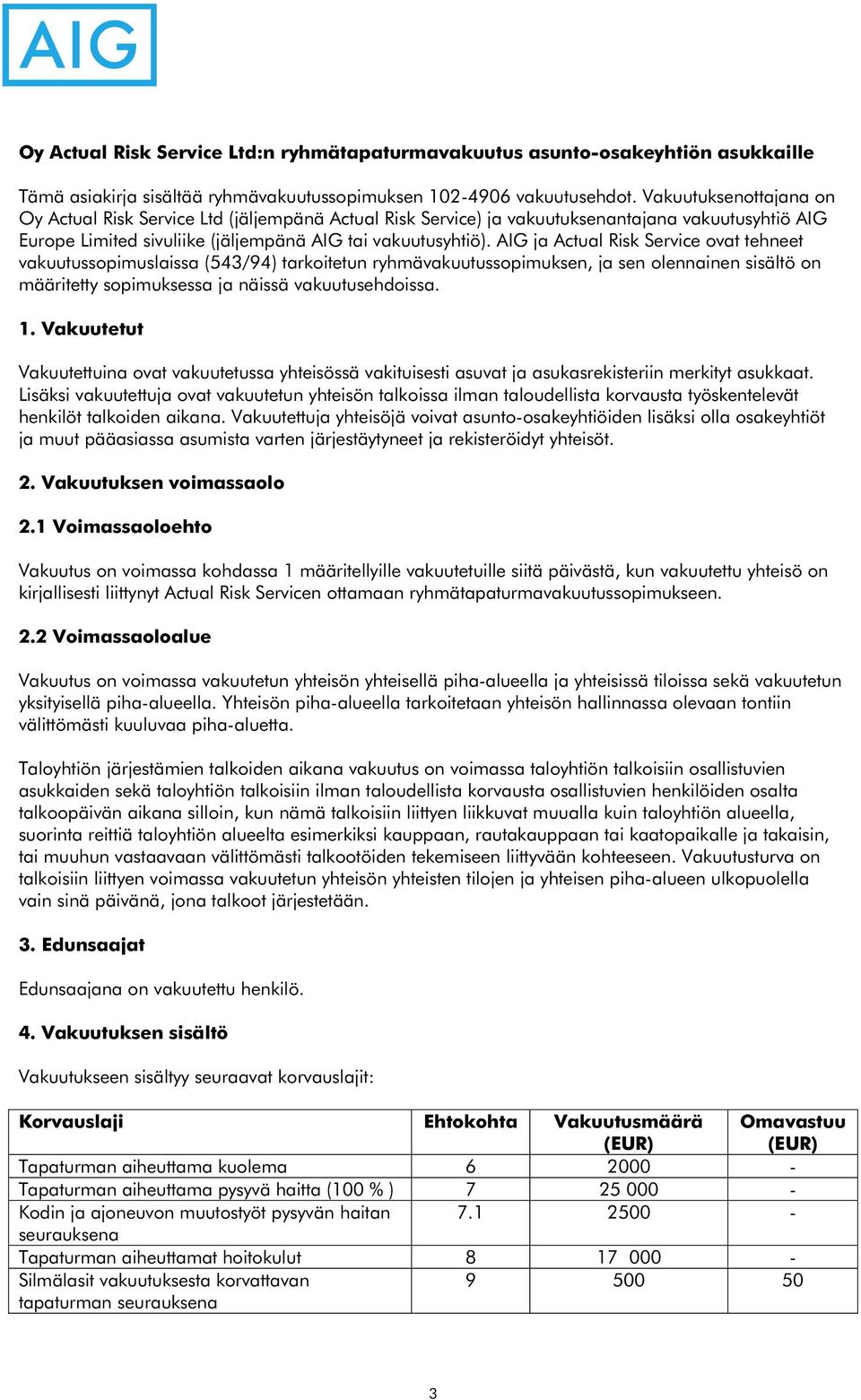 AIG ja Actual Risk Service ovat tehneet vakuutussopimuslaissa (543/94) tarkoitetun ryhmävakuutussopimuksen, ja sen olennainen sisältö on määritetty sopimuksessa ja näissä vakuutusehdoissa. 1.