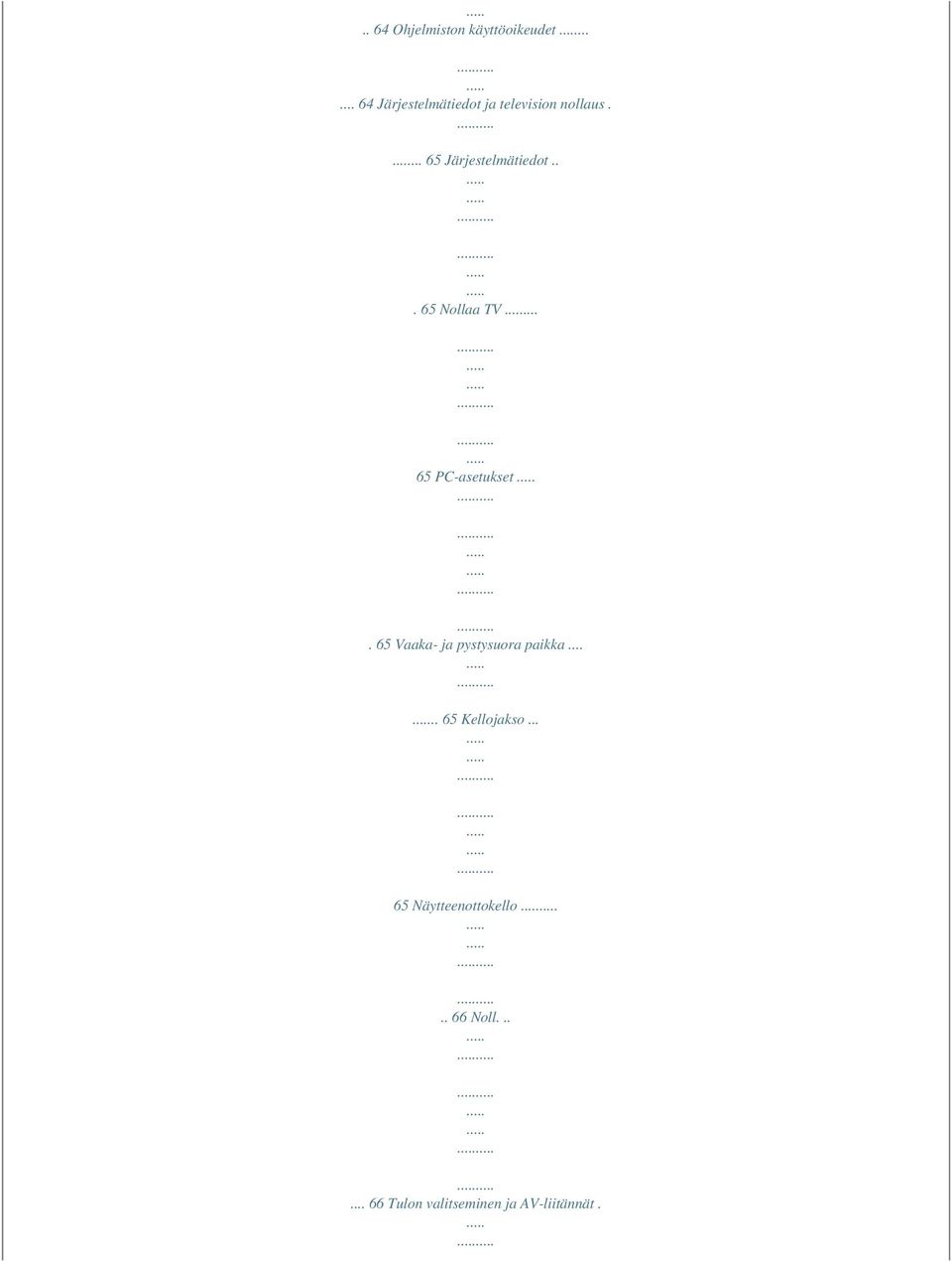 ... 65 Järjestelmätiedot... 65 Nollaa TV... 65 PC-asetukset.