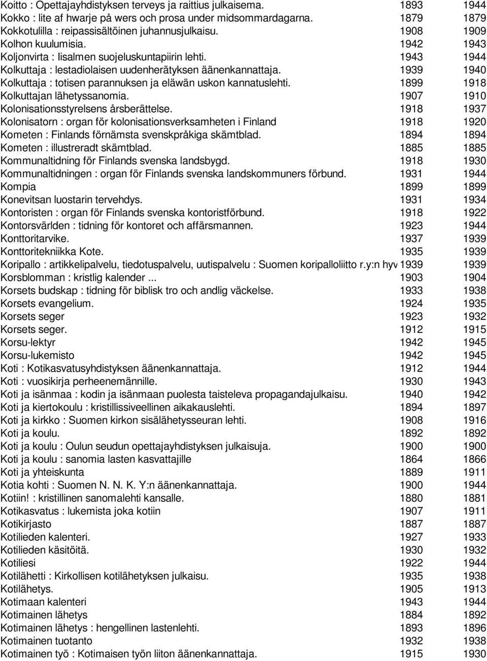 1939 1940 Kolkuttaja : totisen parannuksen ja eläwän uskon kannatuslehti. 1899 1918 Kolkuttajan lähetyssanomia. 1907 1910 Kolonisationsstyrelsens årsberättelse.