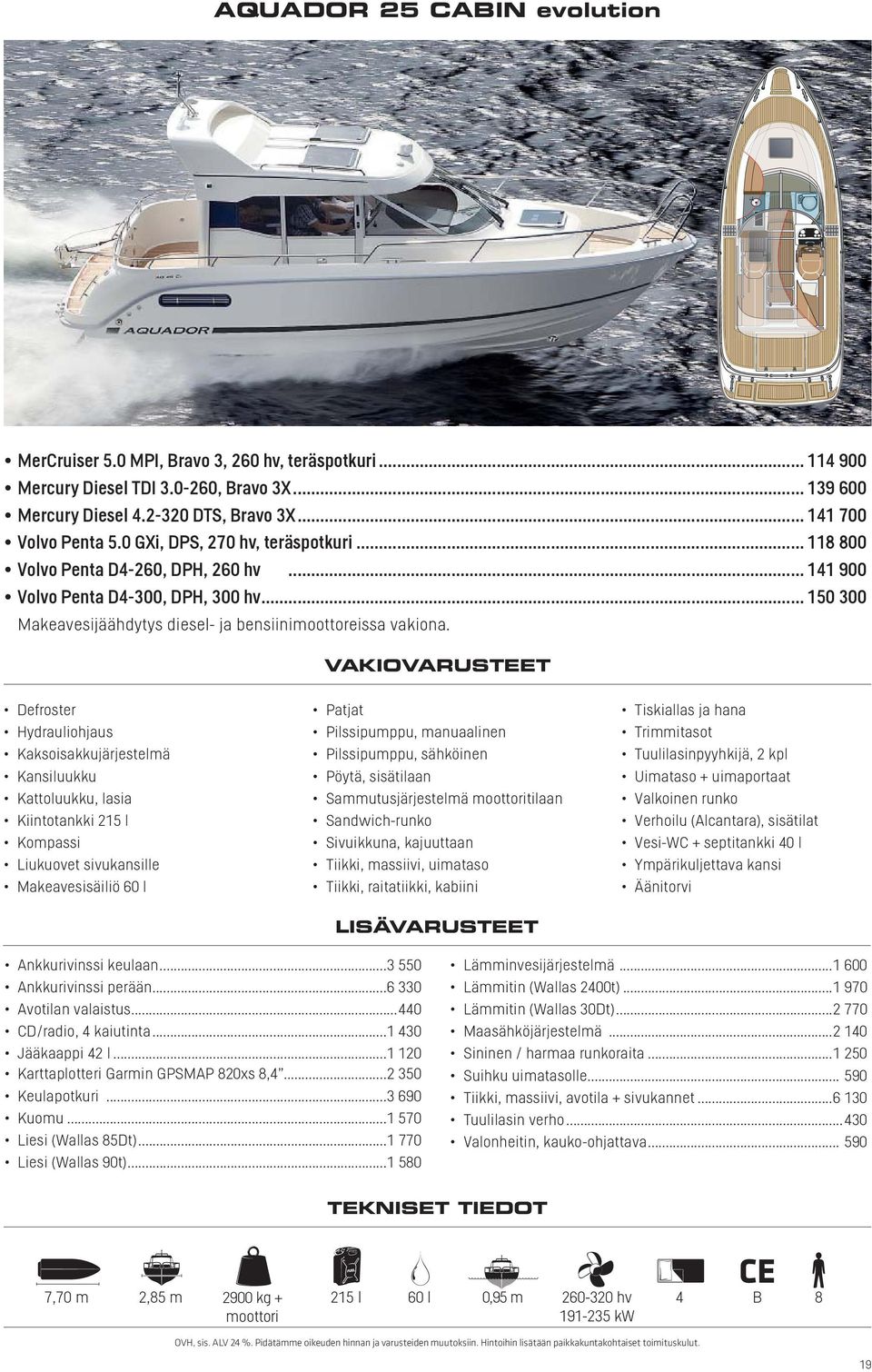 .. 150 300 Defroster Kaksoisakkujärjestelmä Kansiluukku Kattoluukku, lasia Kiintotankki 215 l Liukuovet sivukansille Makeavesisäiliö 60 l Patjat Pilssipumppu, manuaalinen Pilssipumppu, sähköinen