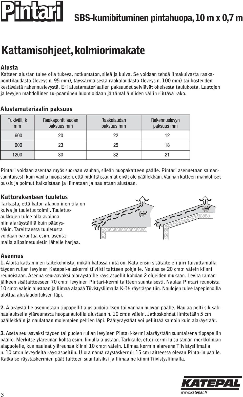 Lautojen ja levyjen mahdollinen turpoaminen huomioidaan jättämällä niiden väliin riittävä rako. Alustamateriaalin paksuus Pintari voidaan asentaa myös suoraan vanhan, sileän huopakatteen päälle.