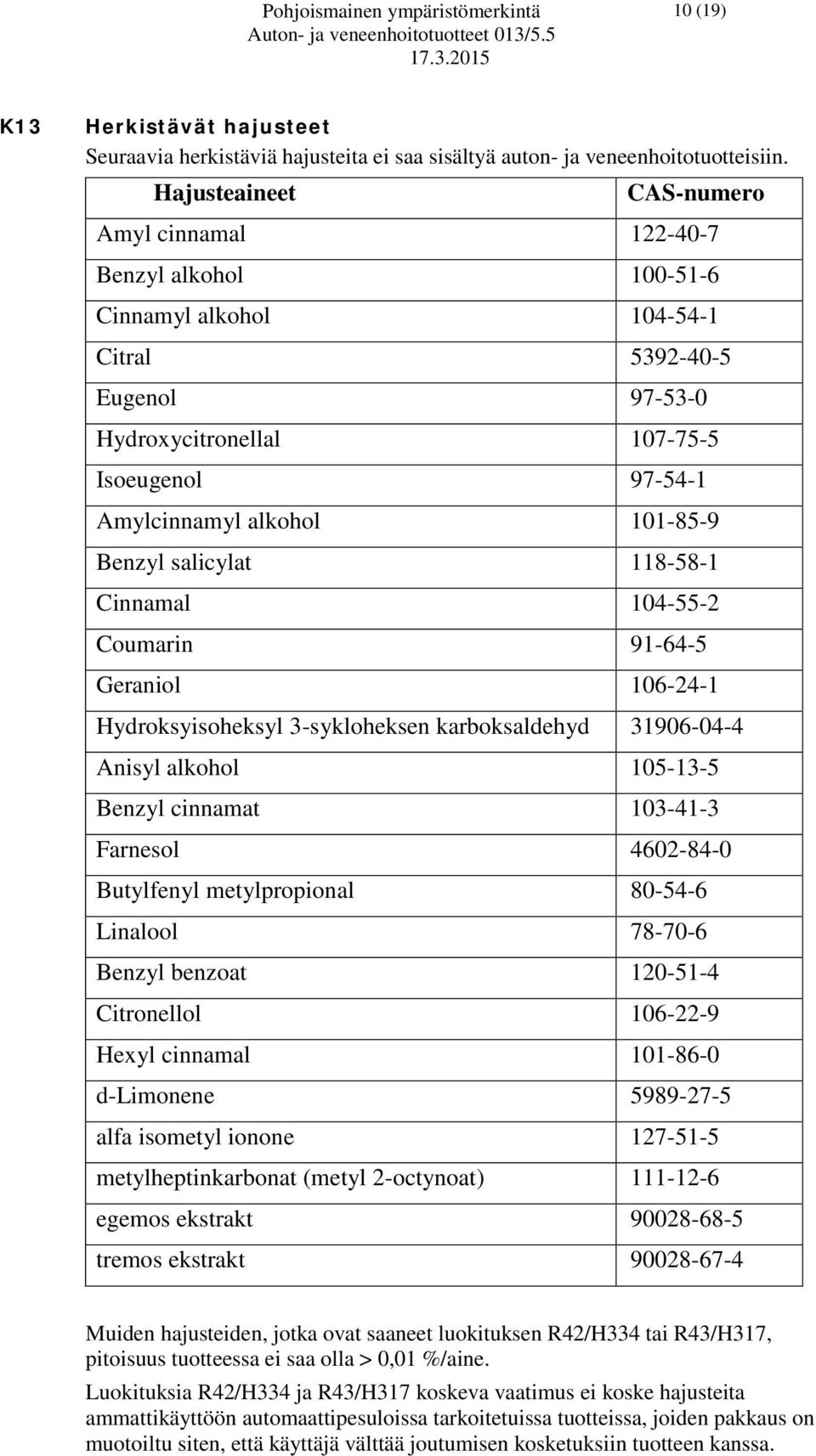 101-85-9 Benzyl salicylat 118-58-1 Cinnamal 104-55-2 Coumarin 91-64-5 Geraniol 106-24-1 Hydroksyisoheksyl 3-sykloheksen karboksaldehyd 31906-04-4 Anisyl alkohol 105-13-5 Benzyl cinnamat 103-41-3