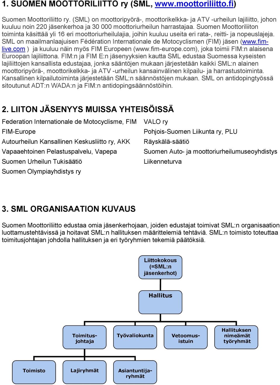 Suomen Moottoriliiton toiminta käsittää yli 16 eri moottoriurheilulajia, joihin kuuluu useita eri rata-, reitti- ja nopeuslajeja.