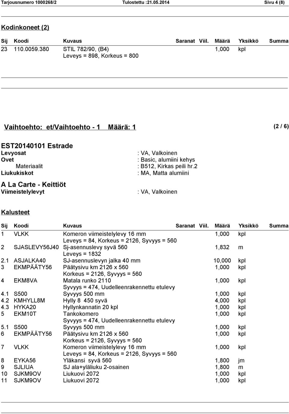 B512, Kirkas peili hr.2 : MA, Matta alumiini 1 VLKK Komeron viimeistelylevy 16 mm Leveys = 84, Korkeus = 2126, Syvyys = 560 2 SJASLEVY56J40 Sj-asennuslevy syvä 560 1,832 m Leveys = 1832 2.