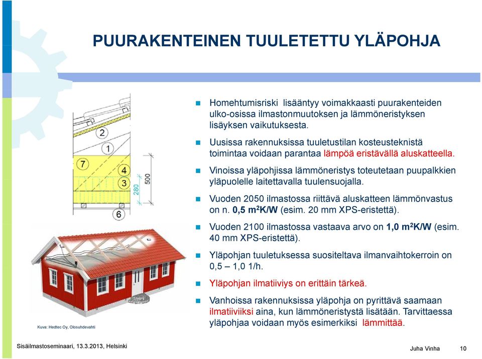 Vinoissa yläpohjissa lämmöneristys toteutetaan puupalkkien yläpuolelle l ll laitettavalla tt ll tuulensuojalla. ll Vuoden 2050 ilmastossa riittävä aluskatteen lämmönvastus on n. 0,5 m 2 K/W (esim.