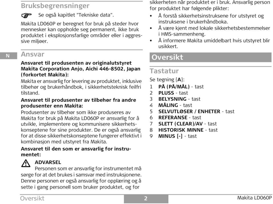 Ansvar Ansvaret til produsenten av originalutstyret Makita Corporation Anjo, Aichi 446-8502, Japan (forkortet Makita): Makita er ansvarlig for levering av produktet, inklusive tilbehør og