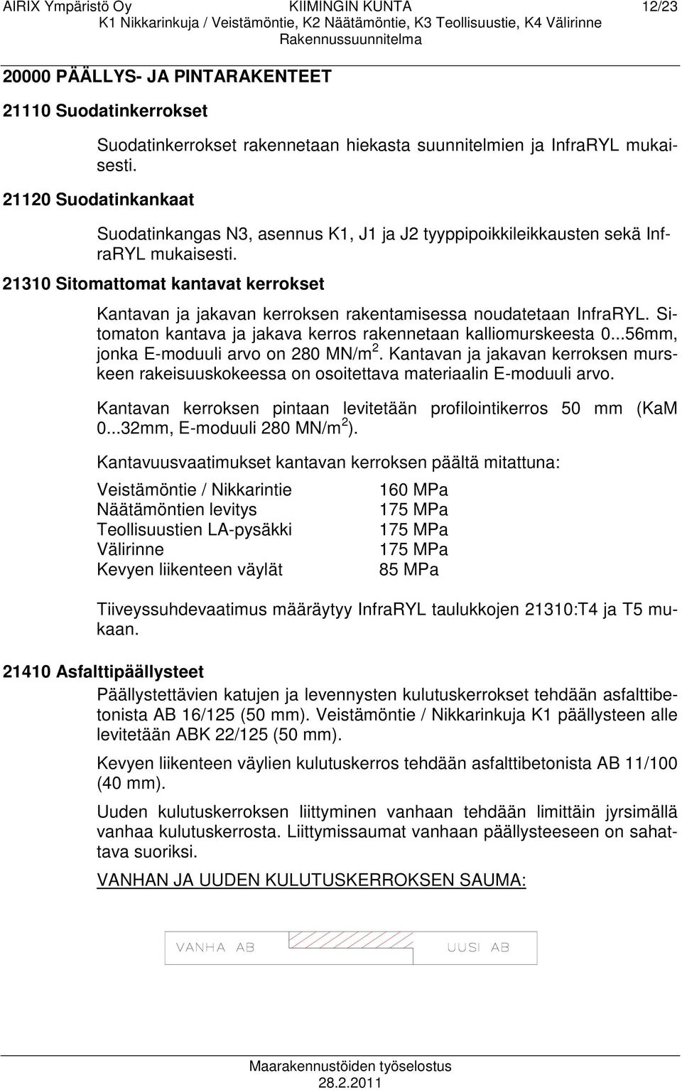 21310 Sitomattomat kantavat kerrokset Kantavan ja jakavan kerroksen rakentamisessa noudatetaan InfraRYL. Sitomaton kantava ja jakava kerros rakennetaan kalliomurskeesta 0.