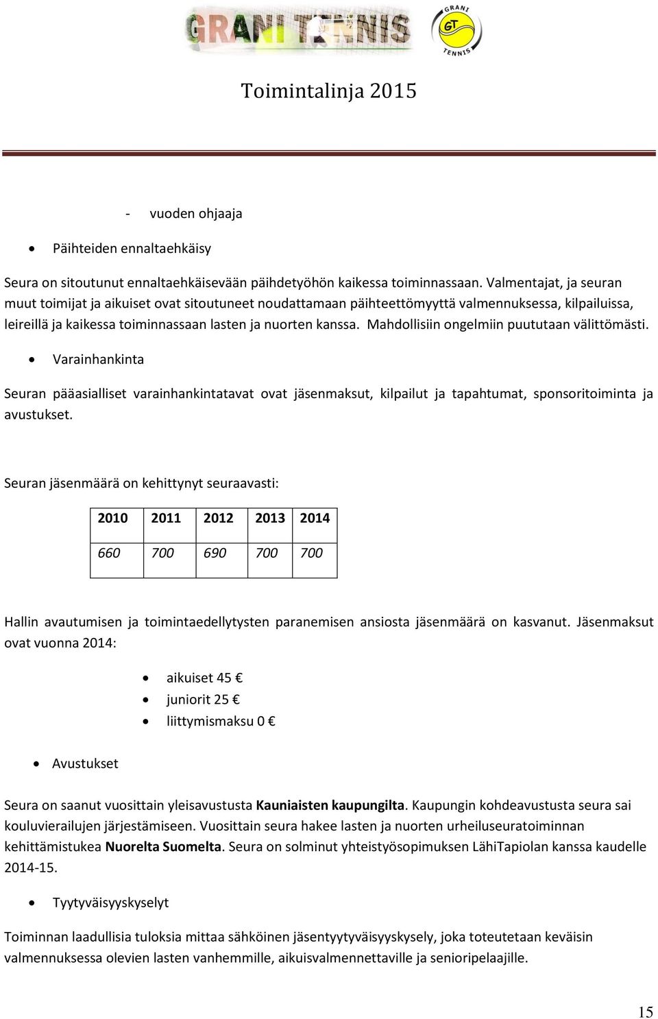 Mahdollisiin ongelmiin puututaan välittömästi. Varainhankinta Seuran pääasialliset varainhankintatavat ovat jäsenmaksut, kilpailut ja tapahtumat, sponsoritoiminta ja avustukset.