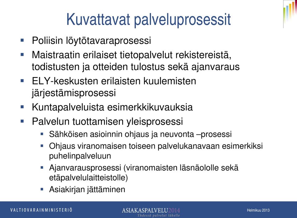 esimerkkikuvauksia Palvelun tuottamisen yleisprosessi Sähköisen asioinnin ohjaus ja neuvonta prosessi Ohjaus viranomaisen