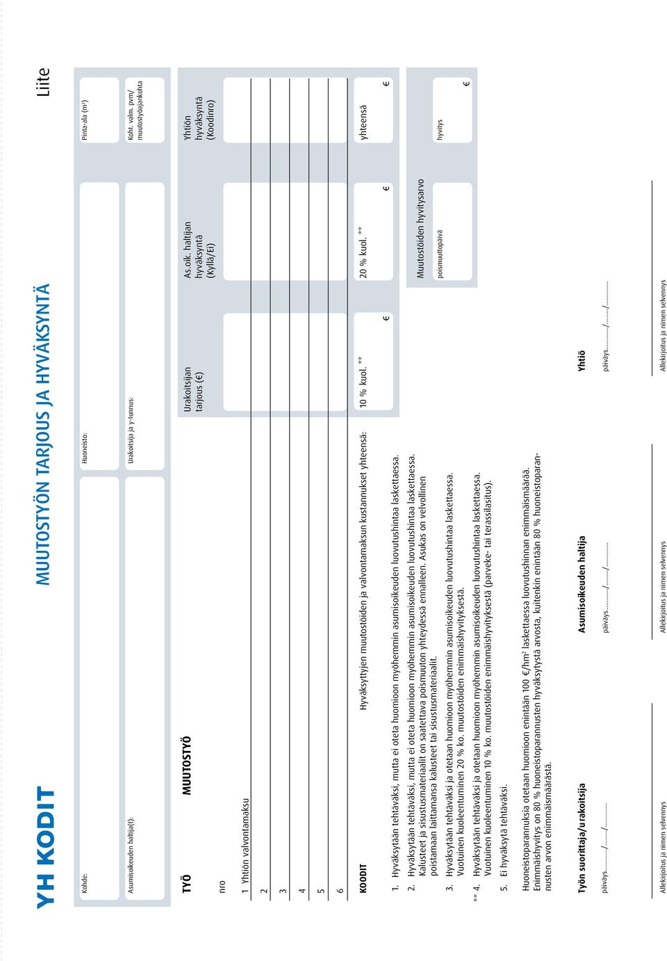 haltijan Yhtiön tarjous ( ) hyväksyntä hyväksyntä (Kyllä/Ei) (Koodinro) nro 1 Yhtiön valvontamaksu 2 3 4 5 6 KOODIT Hyväksyttyjen muutostöiden ja valvontamaksun kustannukset yhteensä: 10 % kuol.