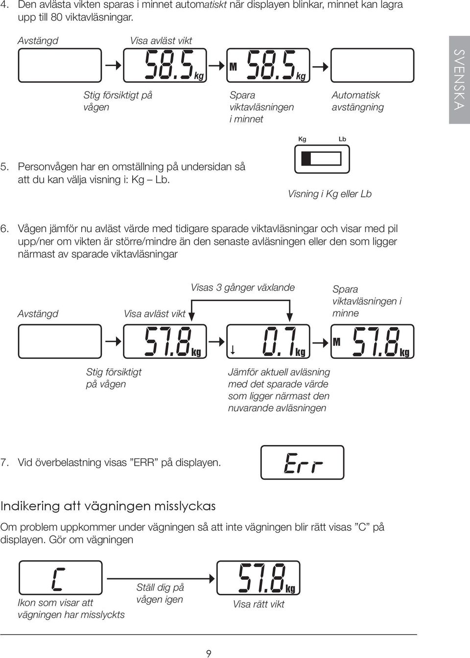 Vågen jämför nu avläst värde med tidigare sparade viktavläsningar och visar med pil upp/ner om vikten är större/mindre än den senaste avläsningen eller den som ligger närmast av sparade