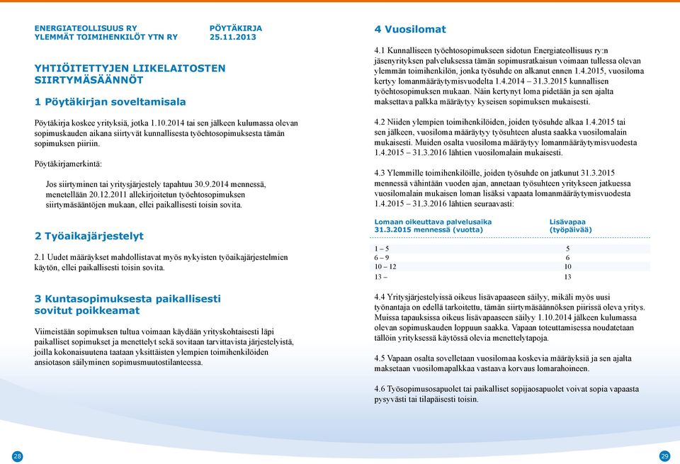 2014 mennessä, menetellään 20.12.2011 allekirjoitetun työehtosopimuksen siirtymäsääntöjen mukaan, ellei paikallisesti toisin sovita. 2 Työaikajärjestelyt 2.