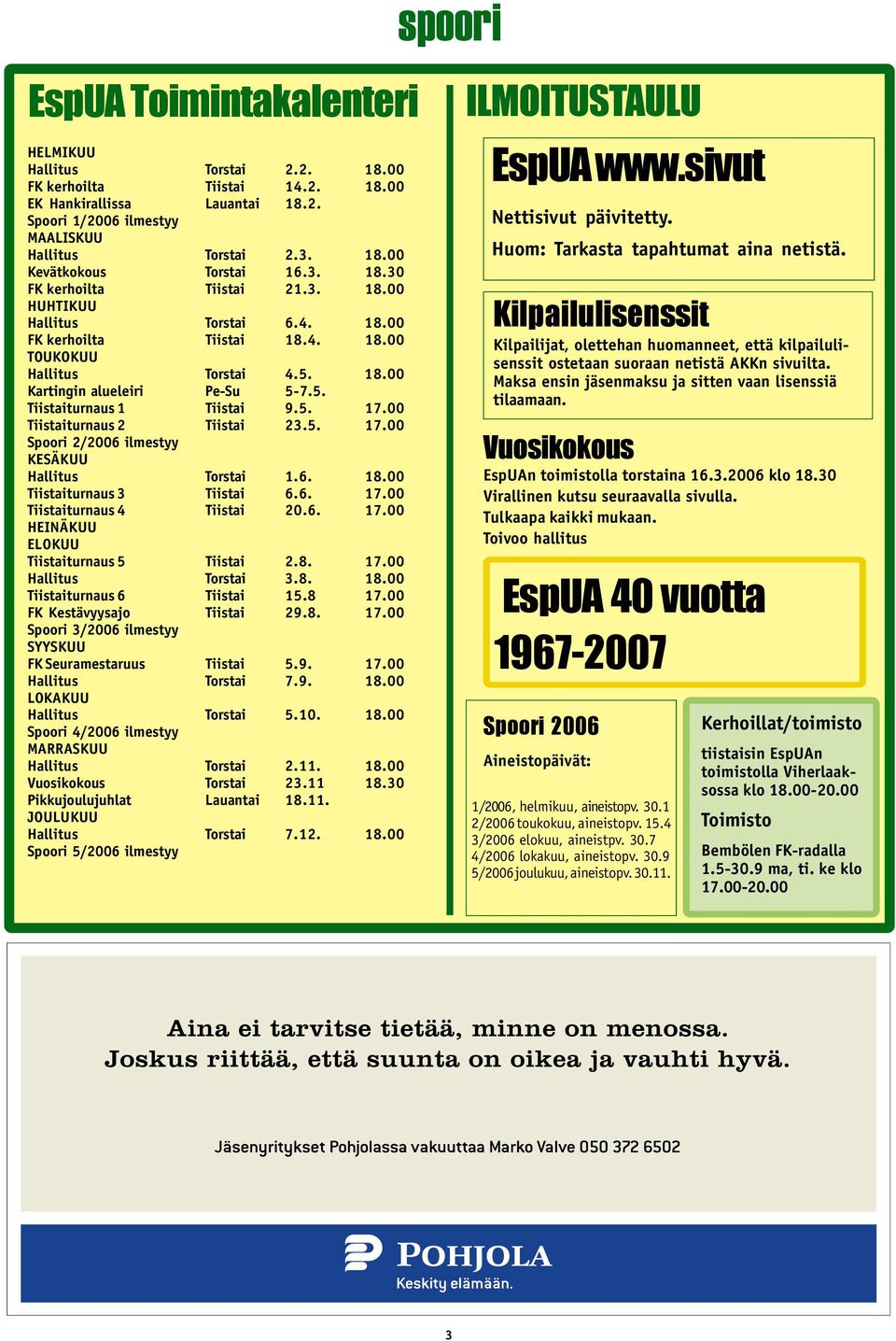 5. 17.00 Tiistaiturnaus 2 Tiistai 23.5. 17.00 Spoori 2/2006 ilmestyy KESÄKUU Hallitus Torstai 1.6. 18.00 Tiistaiturnaus 3 Tiistai 6.6. 17.00 Tiistaiturnaus 4 Tiistai 20.6. 17.00 HEINÄKUU ELOKUU Tiistaiturnaus 5 Tiistai 2.