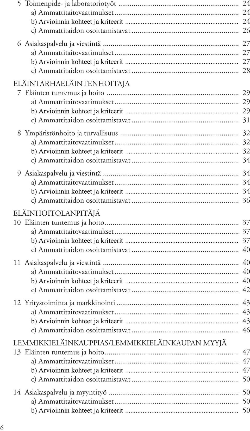 .. 29 a) Ammattitaitovaatimukset... 29 b) Arvioinnin kohteet ja kriteerit... 29 c) Ammattitaidon osoittamistavat... 31 8Ympäristönhoito ja turvallisuus... 32 a) Ammattitaitovaatimukset.