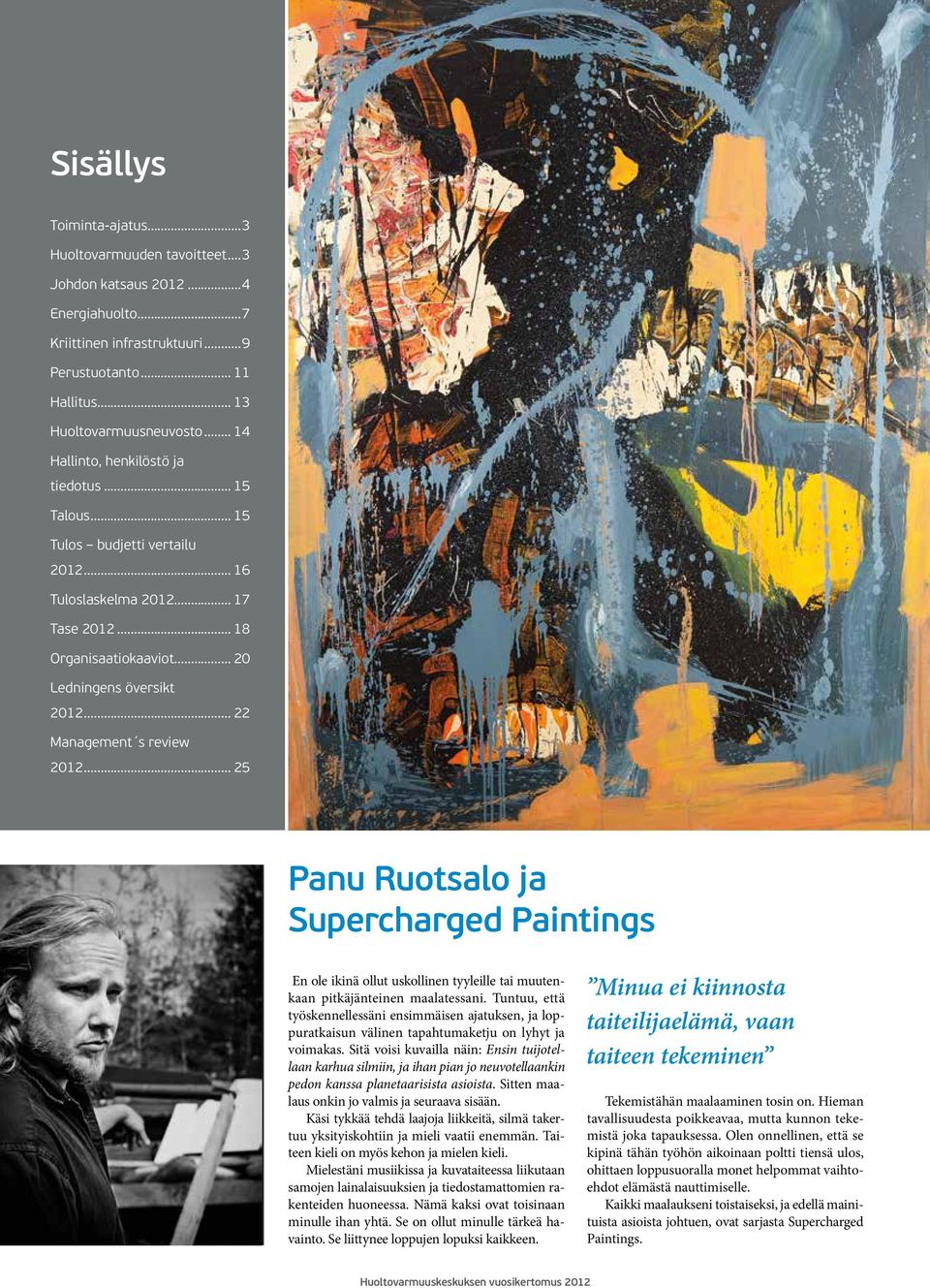 .. 22 Management s review 2012... 25 Panu Ruotsalo ja Supercharged Paintings En ole ikinä ollut uskollinen tyyleille tai muutenkaan pitkäjänteinen maalatessani.