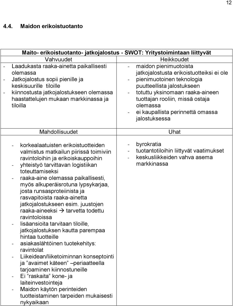 haastattelujen mukaan markkinassa ja tiloilla - totuttu yksinomaan raaka-aineen tuottajan rooliin, missä ostaja olemassa - ei kaupallista perinnettä omassa jalostuksessa Mahdollisuudet -