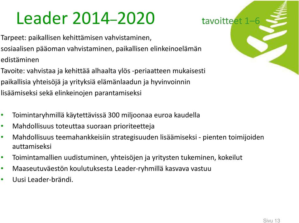 Toimintaryhmillä käytettävissä 300 miljoonaa euroa kaudella Mahdollisuus toteuttaa suoraan prioriteetteja Mahdollisuus teemahankkeisiin strategisuuden lisäämiseksi -pienten