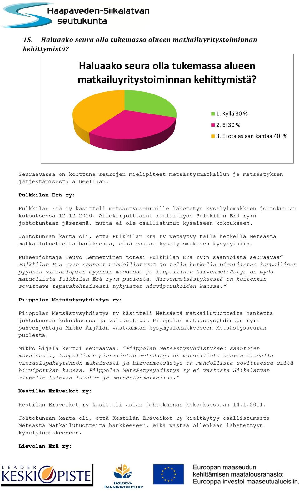 Pulkkilan Erä ry: Pulkkilan Erä ry käsitteli metsästysseuroille lähetetyn kyselylomakkeen johtokunnan kokouksessa 12.12.2010.