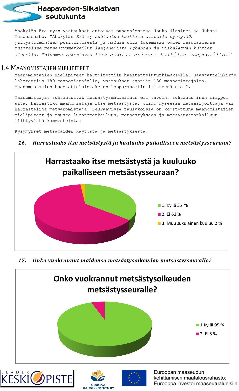 kuntien alueella. Toivomme rakentavaa keskustelua asiassa kaikilta osapuolilta. 1.4 MAANOMISTAJIEN MIELIPITEET Maanomistajien mielipiteet kartoitettiin haastattelututkimuksella.