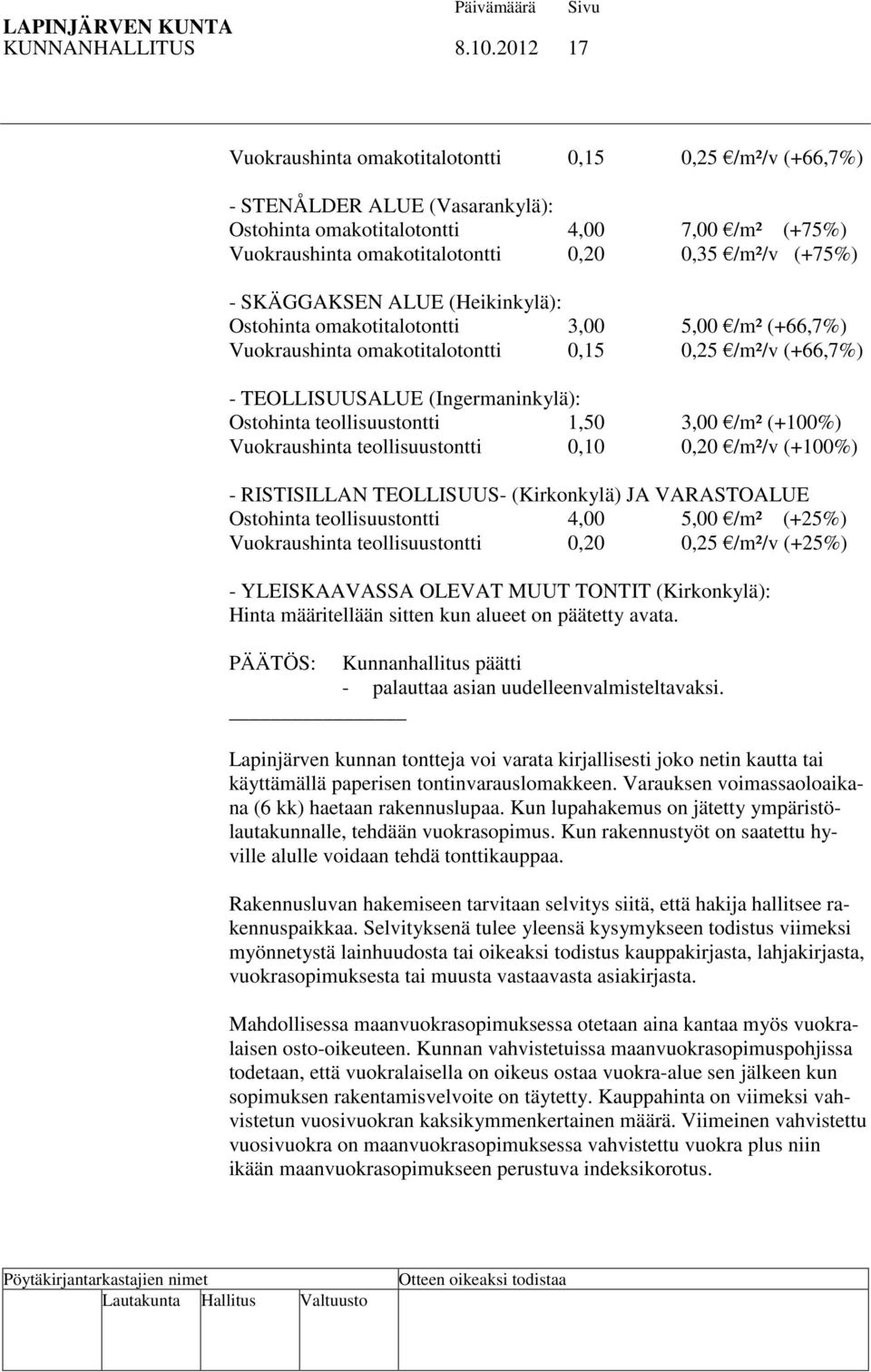 (+75%) - SKÄGGAKSEN ALUE (Heikinkylä): Ostohinta omakotitalotontti 3,00 5,00 /m² (+66,7%) Vuokraushinta omakotitalotontti 0,15 0,25 /m²/v (+66,7%) - TEOLLISUUSALUE (Ingermaninkylä): Ostohinta