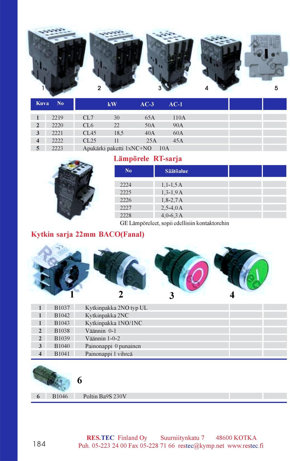 2,5-4,0 A 2228 4,0-6, A GE Lämpöreleet, sopii edellisiin kontaktorehin 1 2 4 1 B107 Kytkinpakka 2NO typ UL 1 B1042 Kytkinpakka 2NC 1 B104