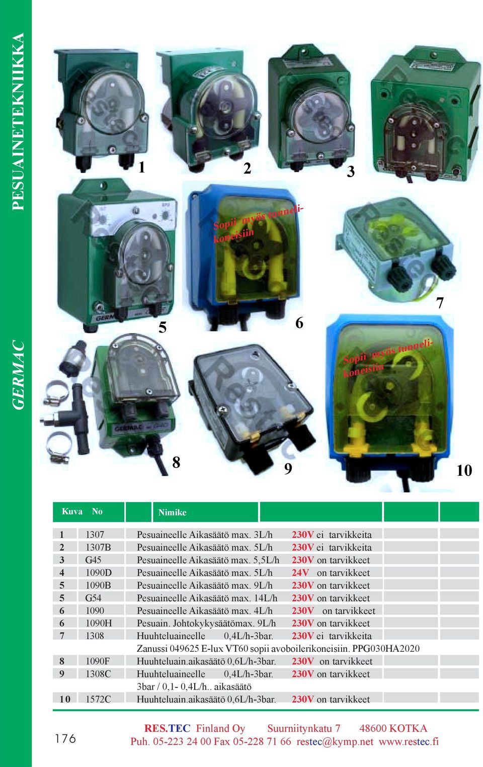 5L/h 24V on tarvikkeet 5 1090B Pesuaineelle Aikasäätö max. 9L/h 20V on tarvikkeet 5 G54 Pesuaineelle Aikasäätö max. 14L/h 20V on tarvikkeet 6 1090 Pesuaineelle Aikasäätö Tilaus max.