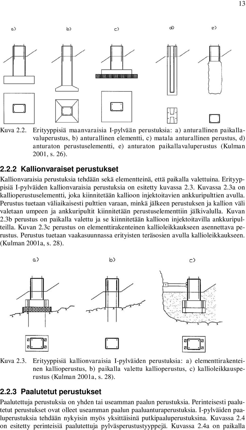 paikallavaluperustus (Kulman 2001, s. 26). 2.2.2 Kallionvaraiset perustukset Kallionvaraisia perustuksia tehdään sekä elementteinä, että paikalla valettuina.