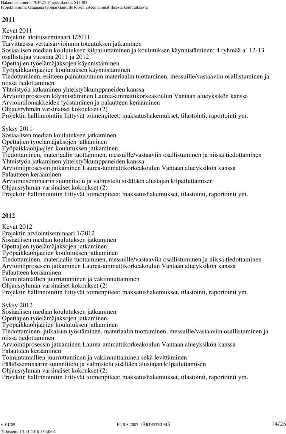 messuille/vastaaviin osallistuminen ja niissä tiedottaminen Yhteistyön jatkaminen yhteistyökumppaneiden kanssa Arviointiprosessin käynnistäminen Laurea-ammattikorkeakoulun Vantaan alueyksikön kanssa