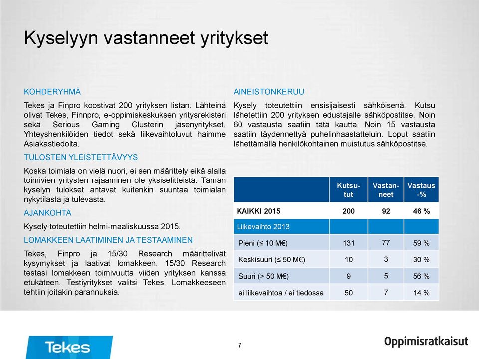 TULOSTEN YLEISTETTÄVYYS Koska toimiala on vielä nuori, ei sen määrittely eikä alalla toimivien yritysten rajaaminen ole yksiselitteistä.