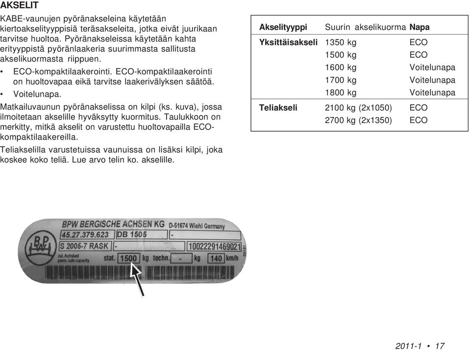 ECO-kompaktilaakerointi on huoltovapaa eikä tarvitse laakerivälyksen säätöä. Voitelunapa. Matkailuvaunun pyöränakselissa on kilpi (ks. kuva), jossa ilmoitetaan akselille hyväksytty kuormitus.