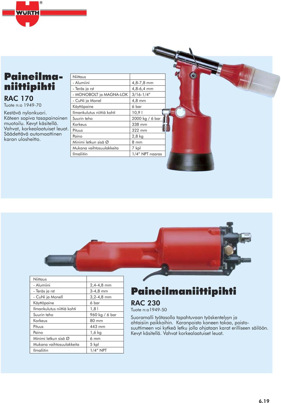 2,8 kg Minimi letkun sisä Ø 8 Mukana vaihtosuulakkeita 7 kpl Ilmaliitin 1/4 NPT naaras Niittaus - Alumiini 2,4-4,8 - Teräs ja rst 3-4,8 - CuNi ja Monell 3,2-4,8 Käyttöpaine 6 bar Ilmankulutus niittiä