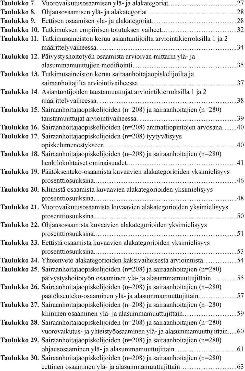 Päivystyshoitotyön osaamista arvioivan mittarin ylä ja alasummamuuttujien modifiointi...35 Taulukko 13. Tutkimusaineiston keruu sairaanhoitajaopiskelijoilta ja sairaanhoitajilta arviointivaiheessa.