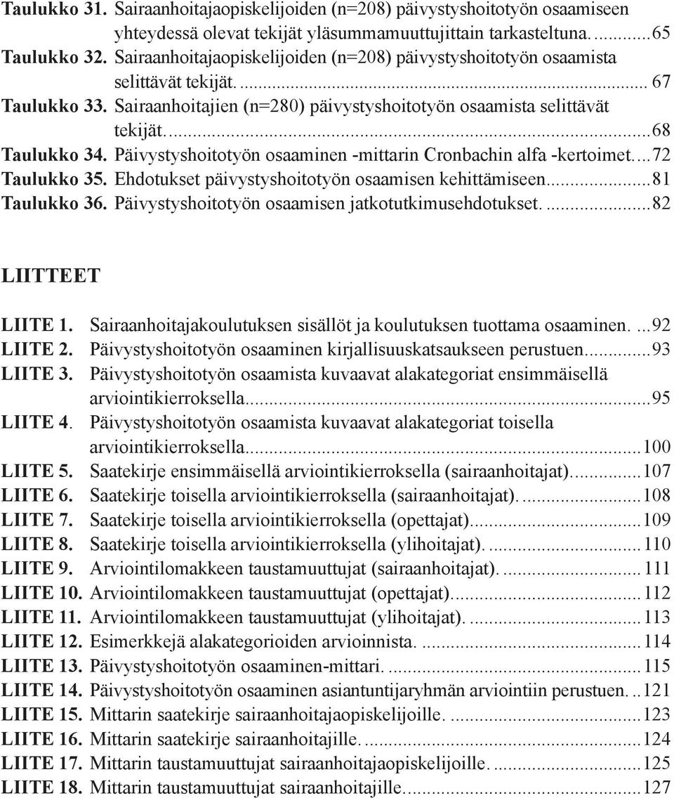 Päivystyshoitotyön osaaminen mittarin Cronbachin alfa kertoimet...72 Taulukko 35. Ehdotukset päivystyshoitotyön osaamisen kehittämiseen...81 Taulukko 36.