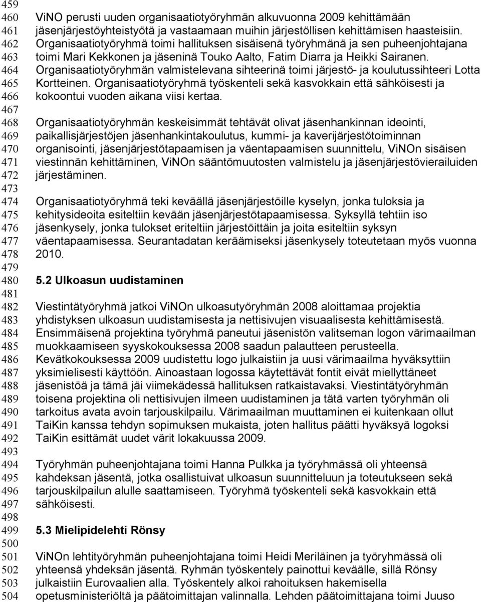 Organisaatiotyöryhmä toimi hallituksen sisäisenä työryhmänä ja sen puheenjohtajana toimi Mari Kekkonen ja jäseninä Touko Aalto, Fatim Diarra ja Heikki Sairanen.