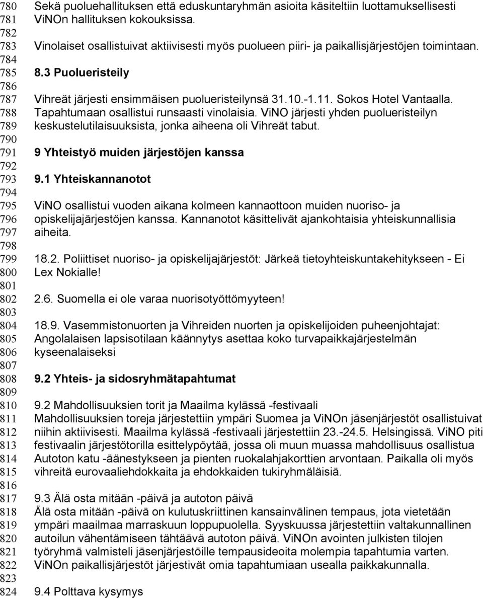 Vinolaiset osallistuivat aktiivisesti myös puolueen piiri- ja paikallisjärjestöjen toimintaan. 8.3 Puolueristeily Vihreät järjesti ensimmäisen puolueristeilynsä 31.10.-1.11. Sokos Hotel Vantaalla.