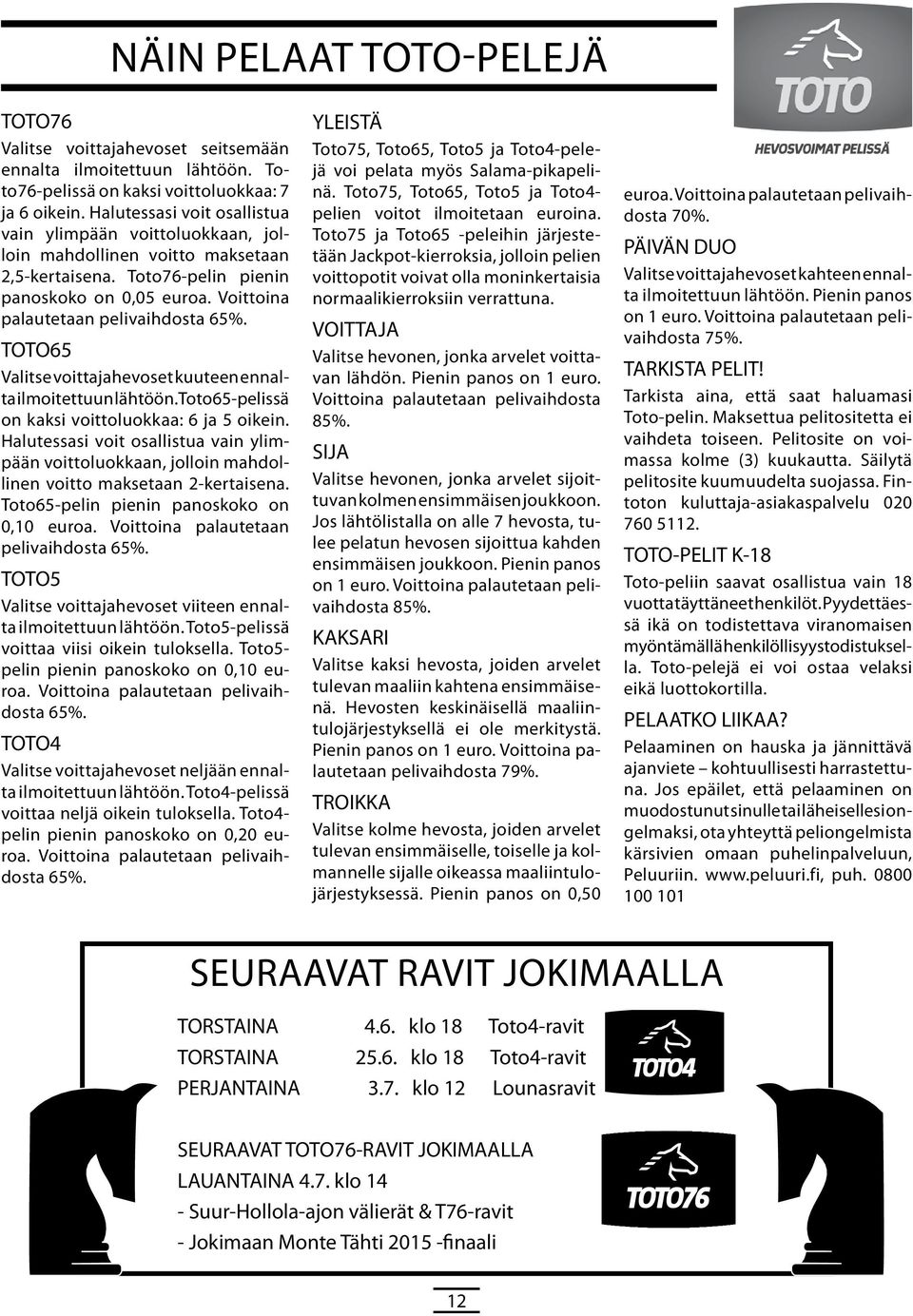 TOTO Valitse voittajahevoset kuuteen ennalta ilmoitettuun. Toto-pelissä on kaksi voittoluokkaa: ja oikein.