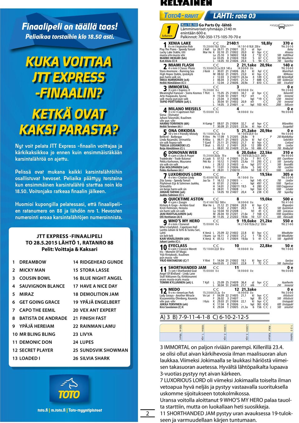 Peliaika päättyy torstaina kun ensimmäinen karsintalähtö starttaa noin klo 1.0. Voitonjako ratkeaa finaalin jälkeen. Huomioi kupongilla pelatessasi, että finaalipelien ratanumero on ja lähdön nro 1.
