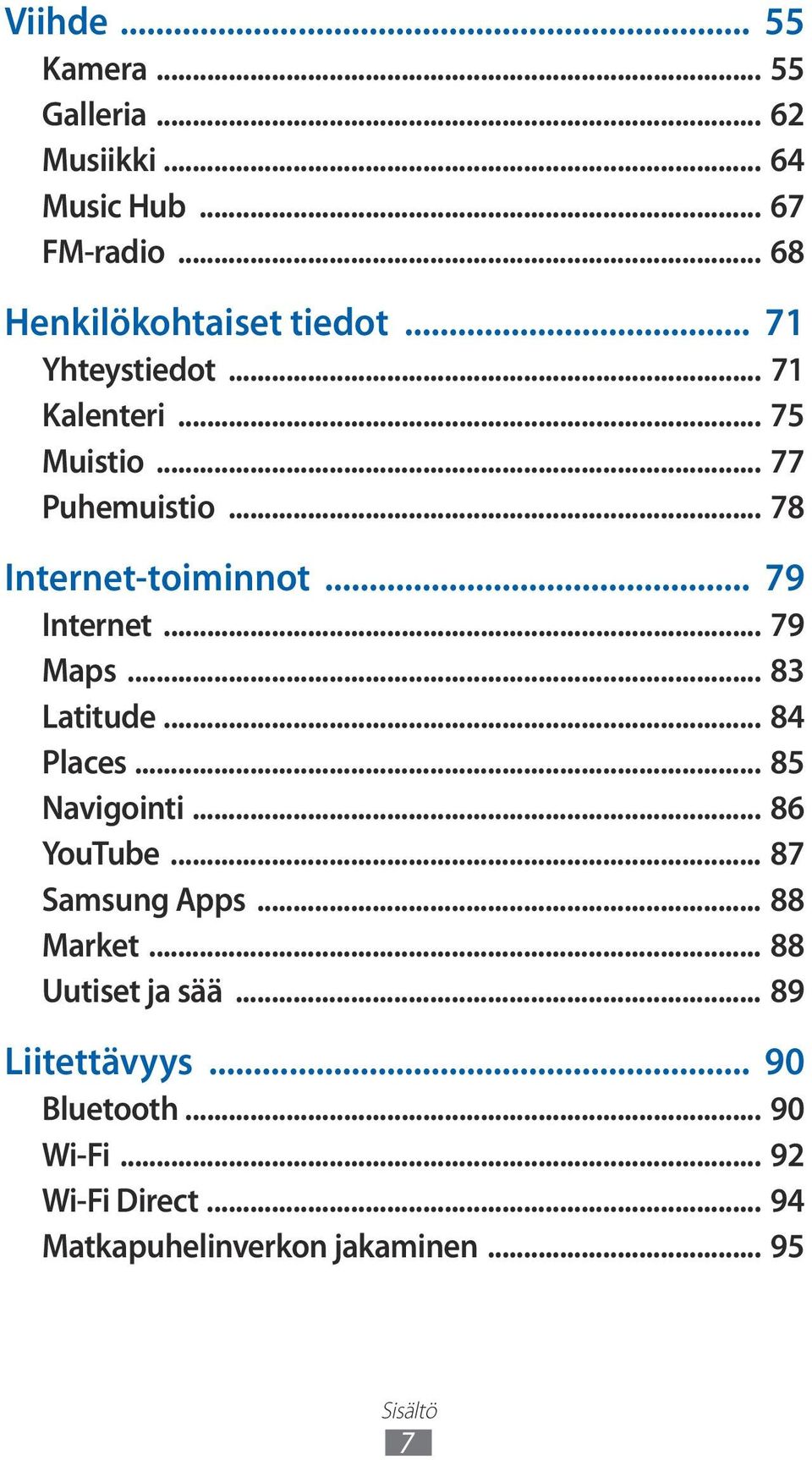 .. 79 Maps... 83 Latitude... 84 Places... 85 Navigointi... 86 YouTube... 87 Samsung Apps... 88 Market.