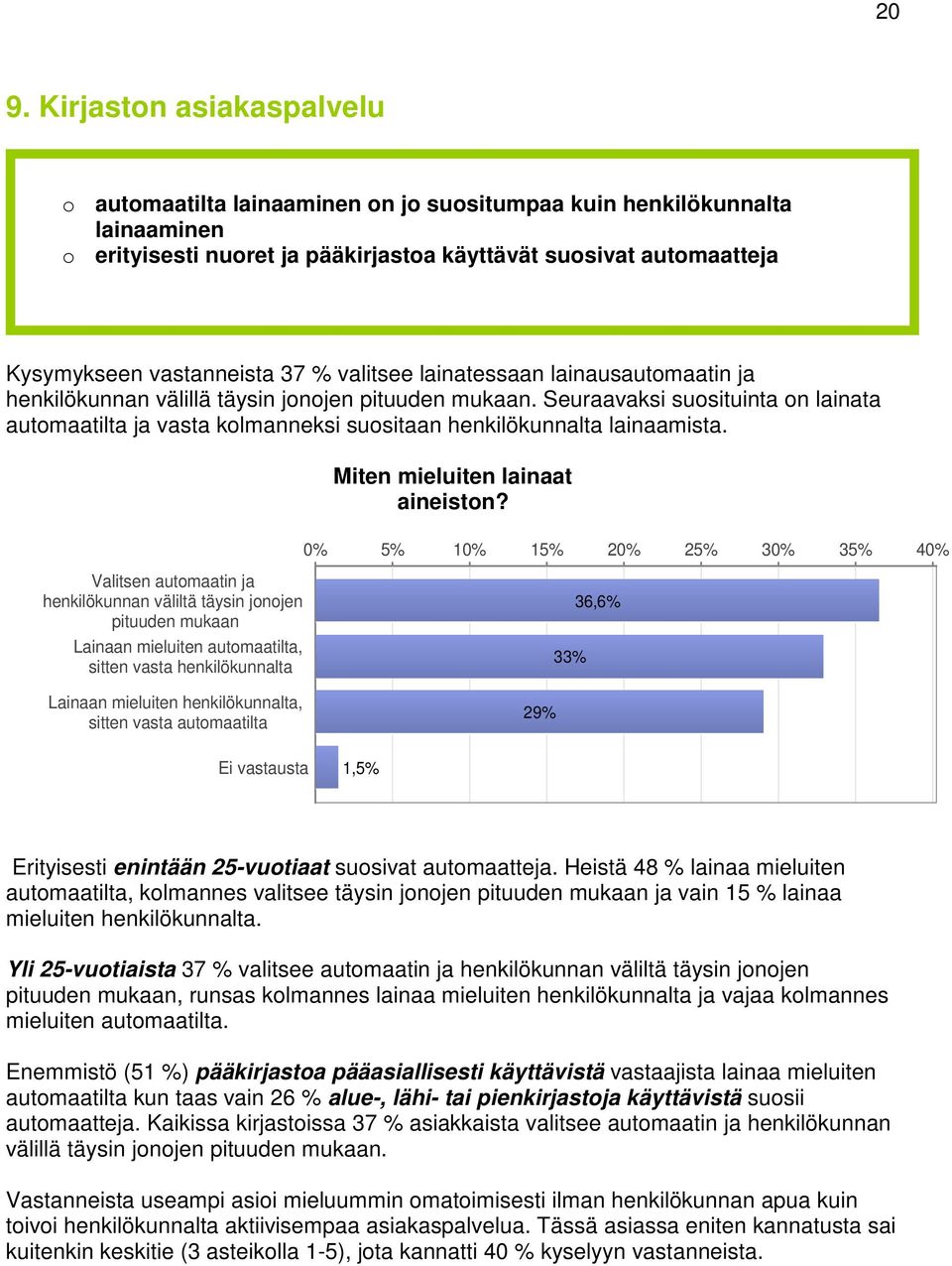 Seuraavaksi suosituinta on lainata automaatilta ja vasta kolmanneksi suositaan henkilökunnalta lainaamista.