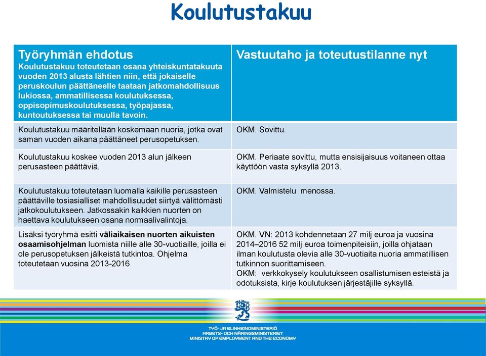 Koulutustakuu määritellään koskemaan nuoria, jotka ovat saman vuoden aikana päättäneet perusopetuksen. Vastuutaho ja toteutustilanne nyt OKM. Sovittu.